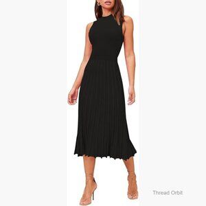Sleeveless High Waisted Bodycon Midi Dress, Pleated Ribbed Knit Fabric